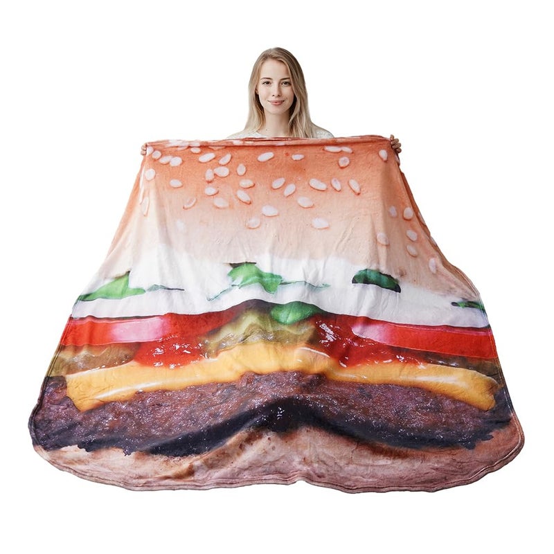 BATTILO HOME 71 Inch Hamburger Blanket Adult Size, for Women, Teens, Funny Food Blankets That Look Like Food, Cute Fleece Blanket for Everyone - Image 1